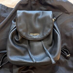 Karl Lagerfeld Black Pebbled Leather Flap Backpack with Gold Logo